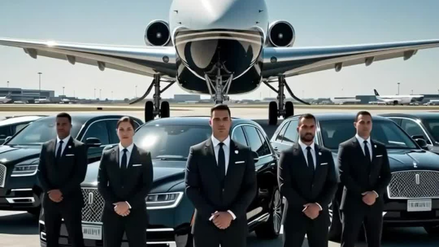 Executive protection team and secure SUVs at an aviation arrival point