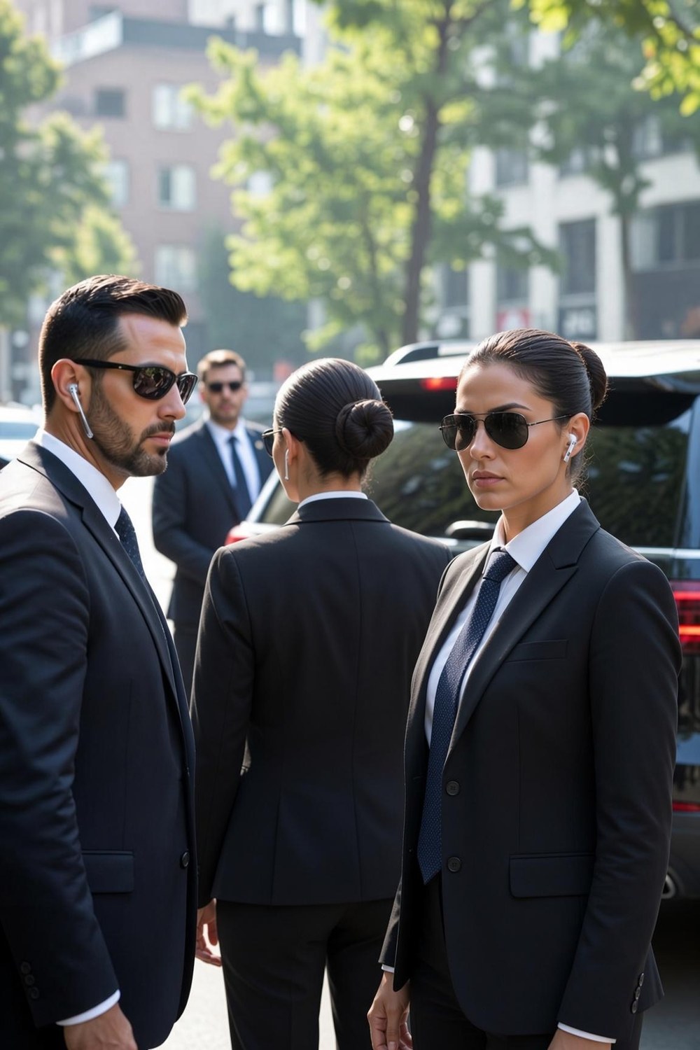 Executive protection team near a secure vehicle